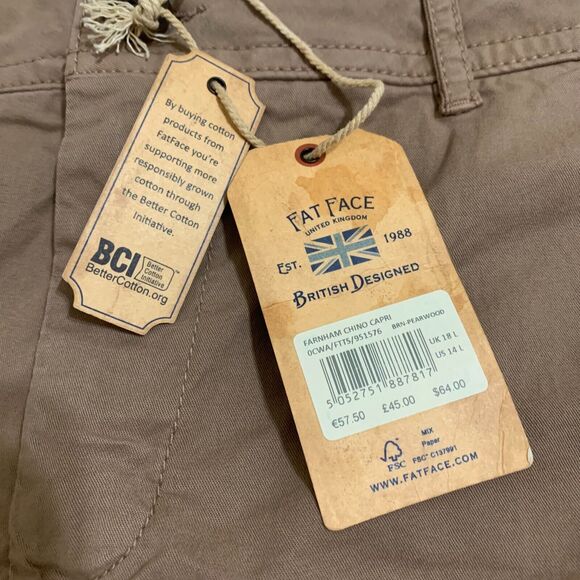 FAT FACE FARNHAM Chino Capris Pearwood Brown Cotton/Elastane Sz 14L NWT - Picture 6 of 13